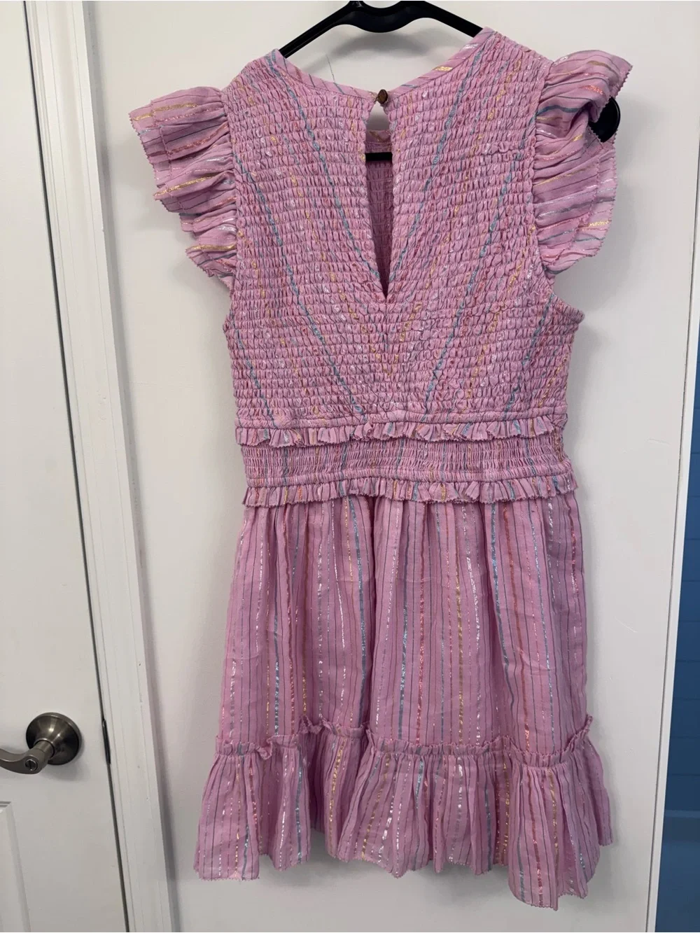 SAYLOR Zinnia Dress in Lurex Stripe -Pink Smocked Ruffle Sleeve Dress - Picture 2 of 7